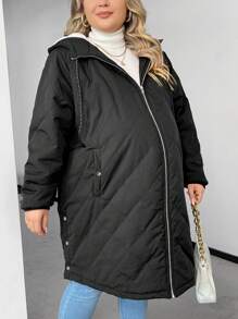 SHEIN Maternity Plus Size Zipper Front Hoodie With Thermal Lined , For Winter