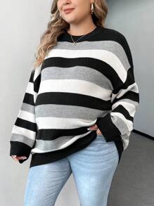 SHEIN Thai sản Kích thước lớn Sọc Khối màu Lỏng lẻo Áo len Với Thả vai Thiết kế - Nhiều màu - Xem 1