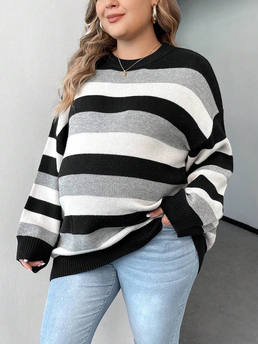 SHEIN Thai sản Kích thước lớn Sọc Khối màu Lỏng lẻo Áo len Với Thả vai Thiết kế - Nhiều màu - Xem 1