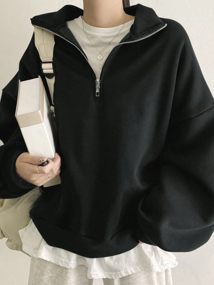 DAZY 纯色半拉链落肩超大套头衫、长袖上衣、秋季女装运动衫