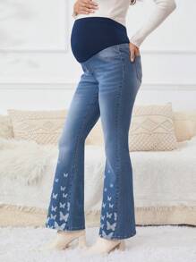 SHEIN Maternity Adjustable Wideband Waist Butterfly Print Flare Leg Jeans - Light Wash - View 4