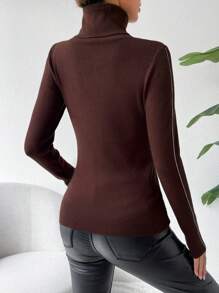 Chiquease Turtleneck Contrast Piping Ribbed Knit Pullover Fall Winter Sweater - Coffee Brown - View 2