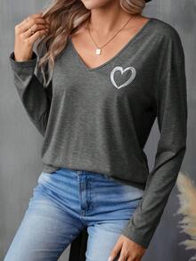 SHEIN LUNE In Trái tim Cổ v Áo thun - Màu xám đen - Xem 6