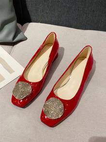 2025 Autumn Fashionable Classic Style Suede Upper With Metal Rhinestone Buckle Square Toe Chunky Heel Flat Shoes For Women - Red - View 2