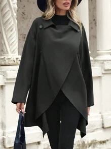 SHEIN LUNE Nút phía trước Viền không đối xứng Áo khoác Trench - màu đen - Xem 4