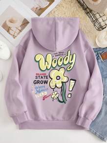 SHEIN EZwear Slogan & Floral Print Kangaroo Pocket Drawstring Thermal Hoodie - Lilac Purple - View 1