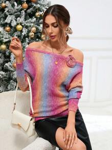 GENKIRA Áo len chui đầu tay cánh dơi trễ vai phối màu ombre mùa thu đông. - Nhiều màu - Xem 4
