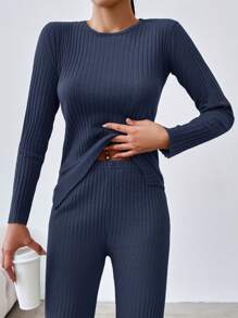 EURMUSE Women'S Ribbed Long Sleeve T-Shirt And Pants Two Piece Set - Navy Blue - View 3