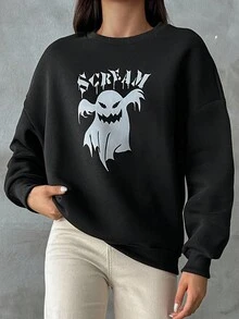 EURMUSE Ghost & Letter Graphic Drop Shoulder Sweatshirt - Black - View 5