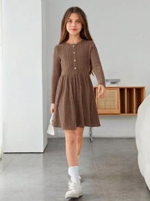 SHEIN Chica preadolescente Vestido con solapa con botón delantero tejido de canalé - Marrón Mocha - Ver 3