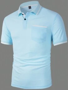 Manfinity Homme Chemise polo de golf décontractée pour homme avec bouton et col demi-boutonné, blocs de couleur contrastants, idéale pour les activités professionnelles et les loisirs, pour votre mari - Bleu ciel - Voir 3