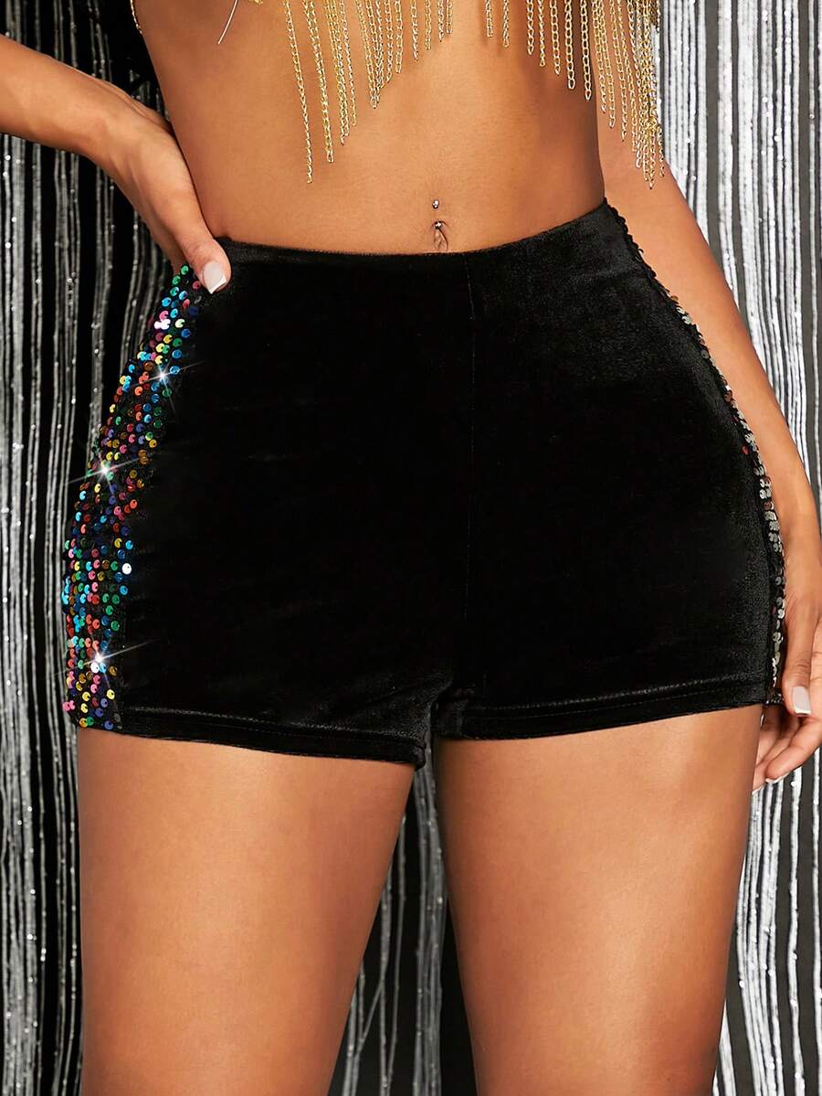 SHEIN SXY 對比鑲嵌亮片絨布短褲 - 黑色 - 查看 1
