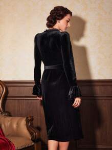 Vintamour Lá sen tỉa tay áo lá sen Bao bên Thắt lưng Nhung Đầm - màu đen - Xem 5