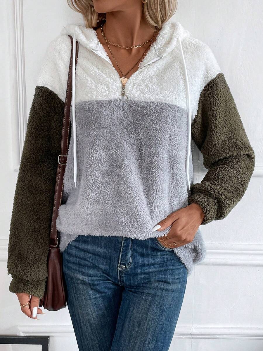 SHEIN LUNE Khối màu Khóa kéo một phần tư Thả vai Dây rút Hoodie - Nhiều màu - Xem 1