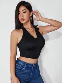 SHEIN Unity 素色繞頸短上衣 - 黑色 - 查看 3