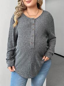 Plussiva 孕婦大碼前鈕扣寬鬆T恤帶落肩袖設計 - 灰色 - 查看 1