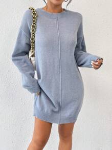 SHEIN Frenchy Drop Shoulder Seam Detail Sweater Dress Without Belt - Grey - View 6