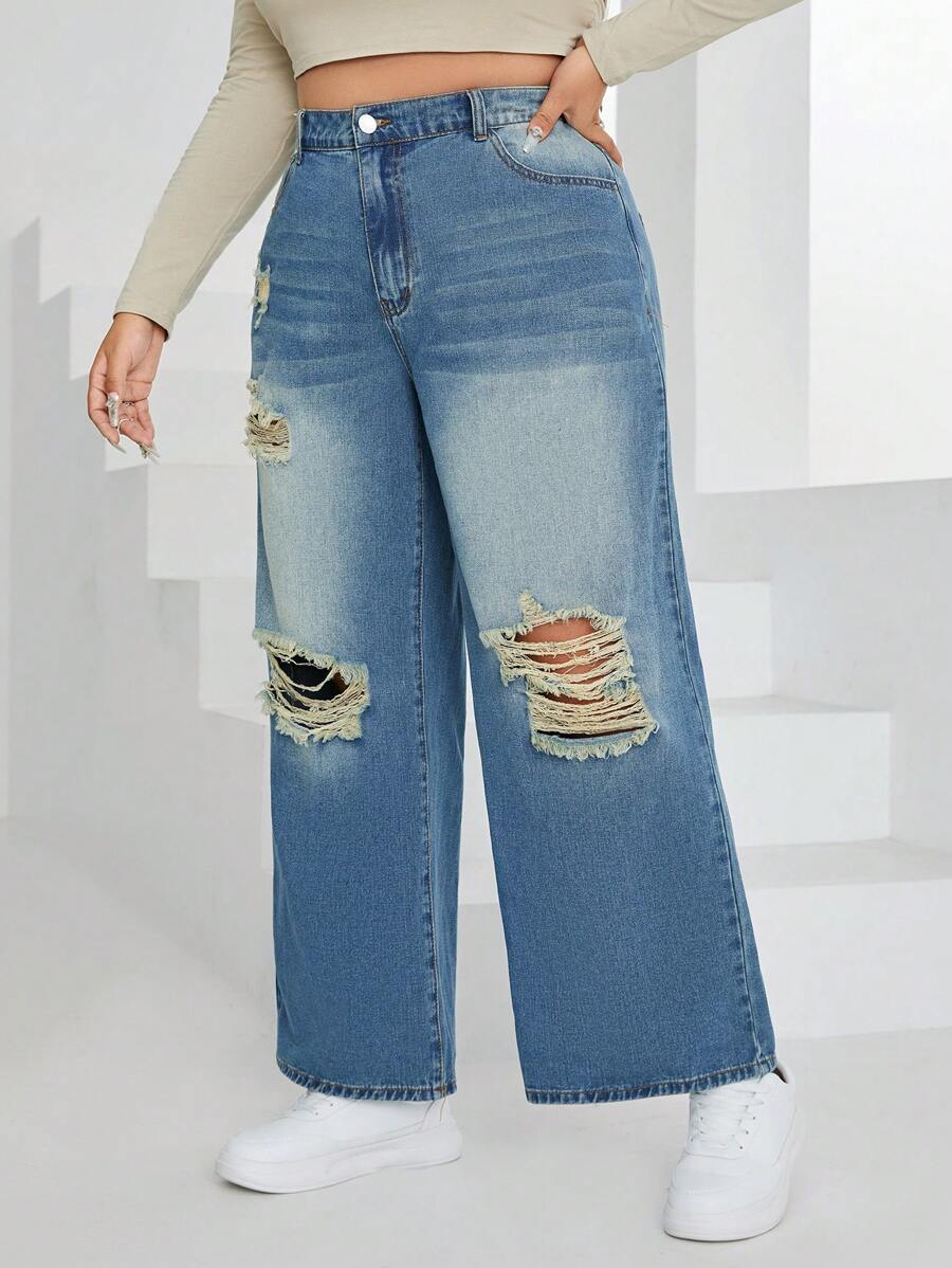SHEIN EZwear Hơn Quần jean ống rộng rách - Màu xanh lam - Xem 1