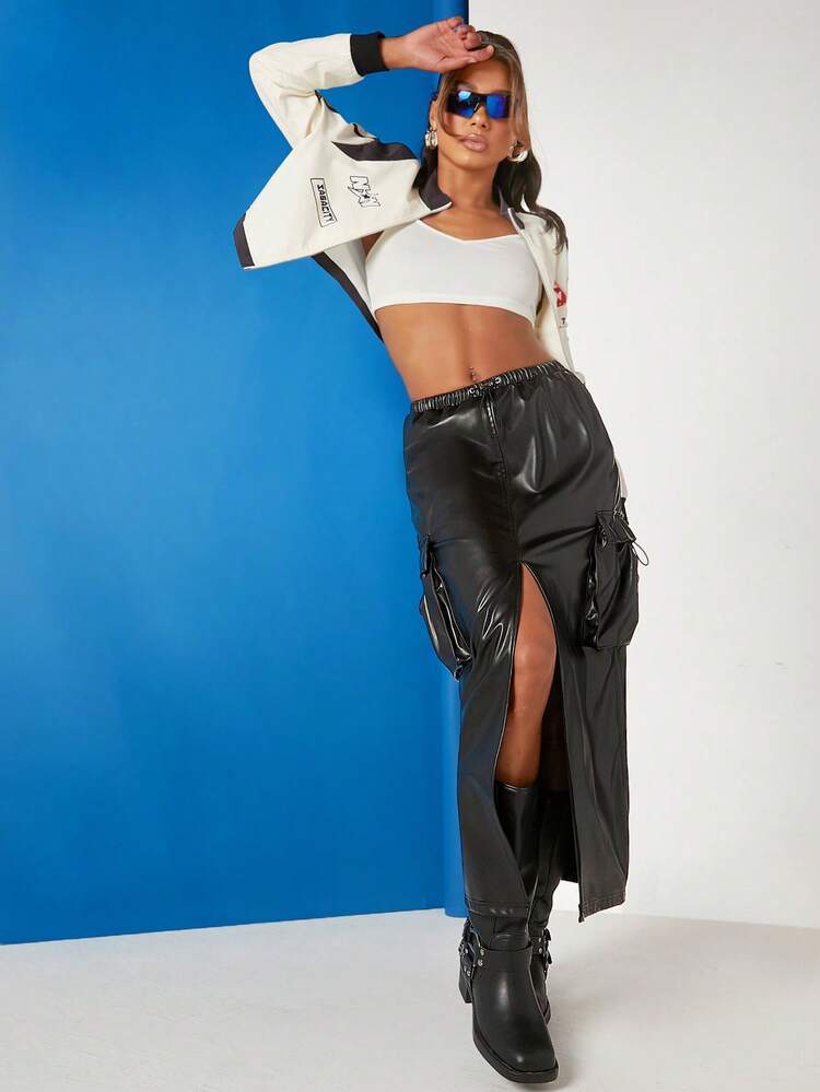Split Front PU Leather Cargo Skirt