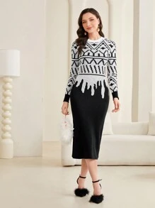 Modelyn Vestido De Suéter Ajustado Con Patrón Geométrico Para Mujer - Blanco y Negro - Ver 5