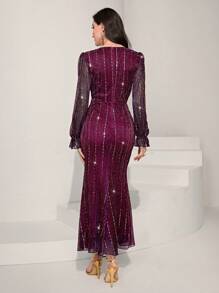 Modelyn 勃艮第红色荷叶边袖美人鱼下摆闪光连衣裙 - 酒紅色 - 查看 2