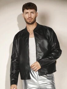 FeverCity Men Zip Up Leather Look Loose Bomber Jacket - Black - View 1