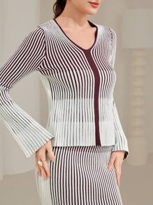Modelyn Striped Pattern Cardigan & Knit Skirt - Burgundy - View 6