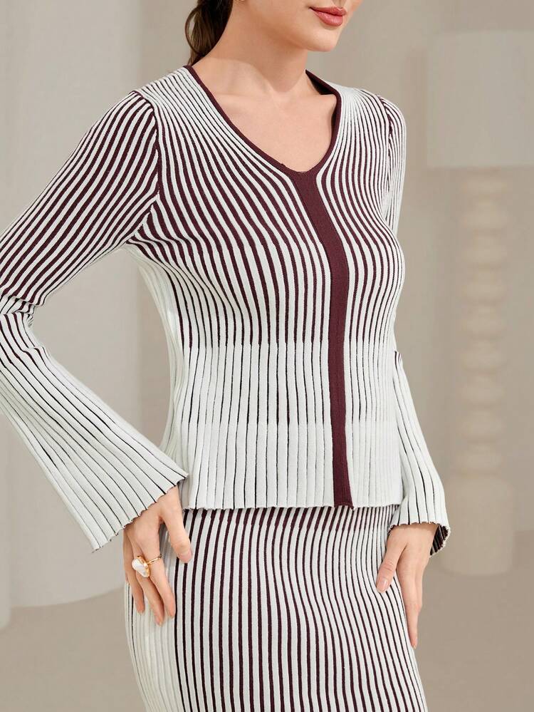 Striped Pattern Cardigan & Knit Skirt