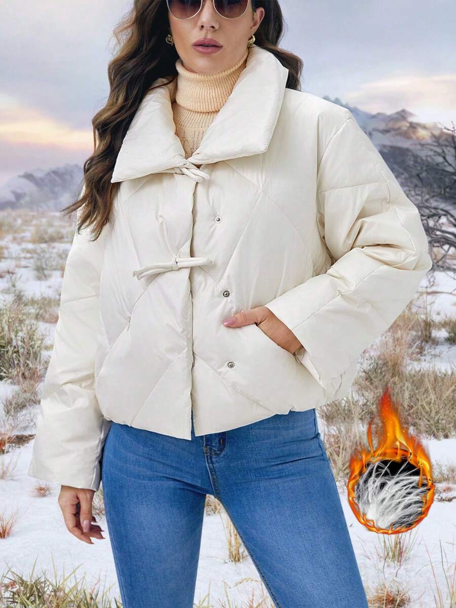 SHEIN LUNE Duffle Button Front Down Coat Fall Cloth For Women - Beige - View 1