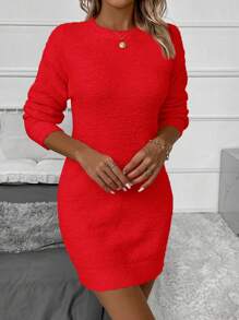 SHEIN Clasi Solid Drop Shoulder Sweater Dress - Red - View 3