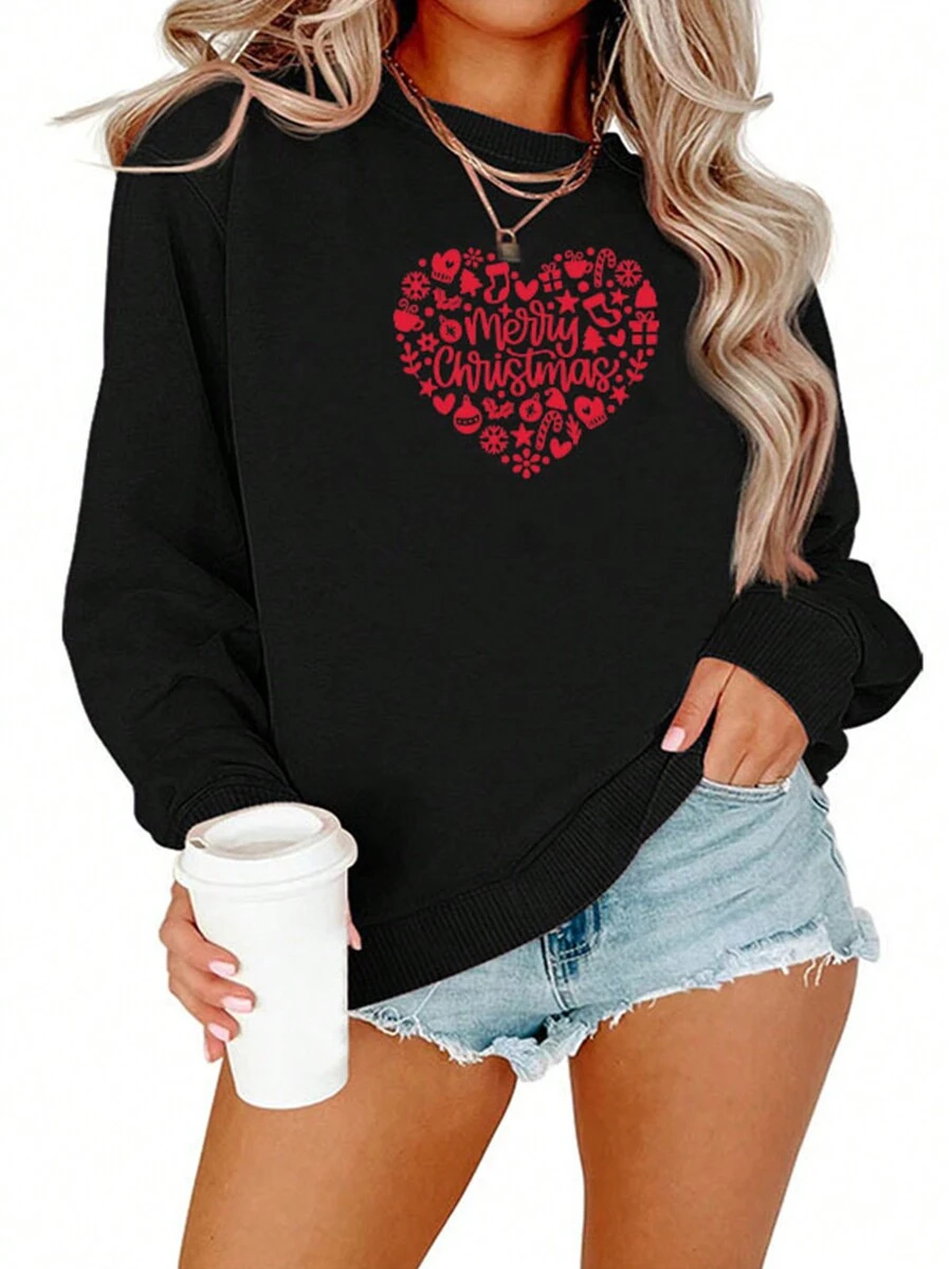 SHEIN EZwear 聖誕圖案加絨內裏運動衫 - 黑色 - 查看 1