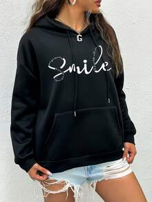 SHEIN EZwear Plus Size Letter Graphic Kangaroo Pocket Drop Shoulder Drawstring Sweatshirt - Black - View 4