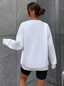 EURMUSE Floral & Slogan Graphic Drop Shoulder Sweatshirt - White - View 2