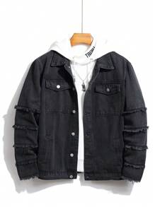 Manfinity Homme Men's Plus Size Turn-down Collar Denim Jacket With Pockets - Black - View 1