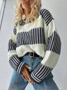 EURMUSE Striped Pattern Drop Shoulder Sweater - Dark Grey - View 3