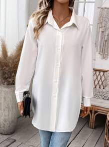 Calvaya Solid Button Front Shirt,Long Sleeve Tops Fall Cloth For Women - White - View 3
