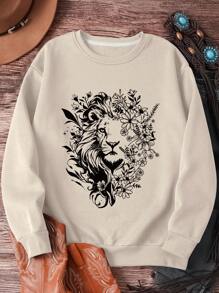 SHEIN EZwear 獅子圖案加絨內裏運動衫 - 杏色 - 查看 1