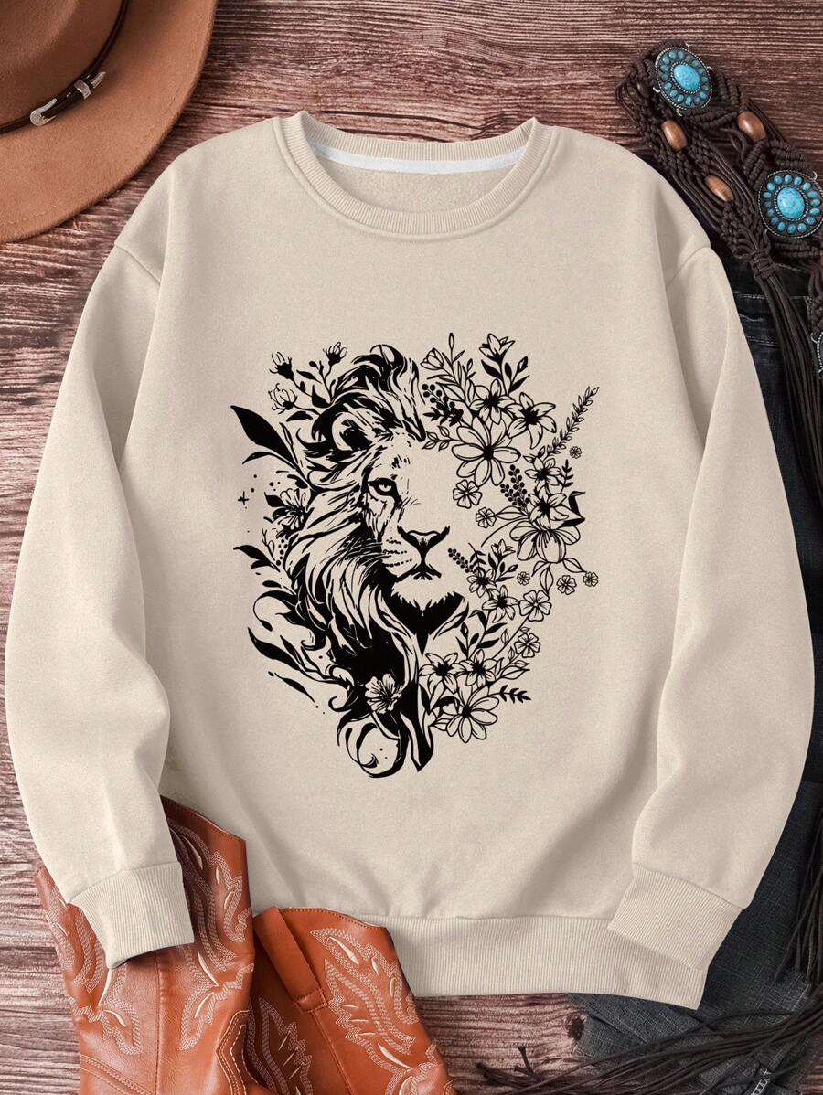 SHEIN EZwear 獅子圖案加絨內裏運動衫 - 杏色 - 查看 1