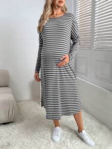 SHEIN Maternity Striped Print Split Hem Tee Dress - Grey - View 6