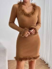 SHEIN Privé Fuzzy Trim Ribbed Knit Sweater Dress - Khaki - View 5