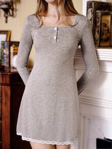 SHEIN Unity Contrast Lace Button Front Dress Fall Cloth For Women - Grey - View 3