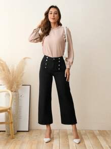 SHEIN Privé Jeans con diseño de botón de pierna ancha - Negro - Ver 3