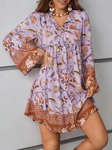 SHEIN VCAY Floral Print Flounce Sleeve Smock Dress - Multicolor - View 2
