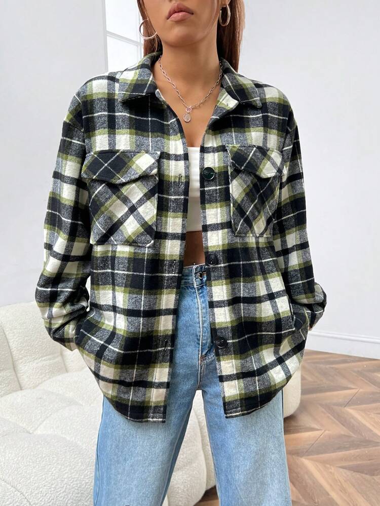 Women's Plaid Flip Pocket Woolen Jacket