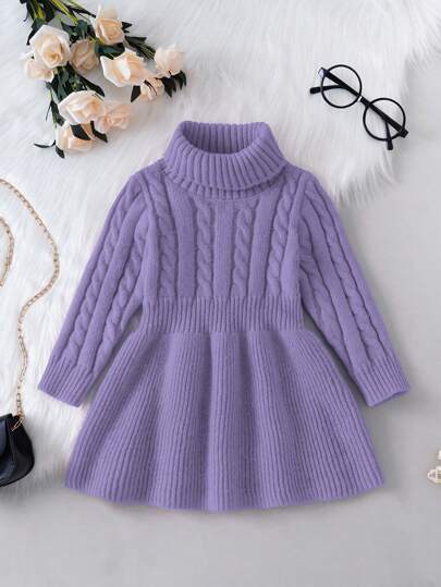SHEIN Baby Girl Casual Solid Color High Neck Cable Knit Sweater Dress