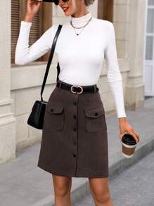 SHEIN Privé Flap Pocket Button Front Skirt Without Belt - Coffee Brown - View 3