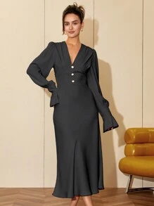 女士纯色 V 领长袖鱼尾下摆连衣裙，优雅适合晚间约会、度假、商务休闲 - 黑色 - 查看 1