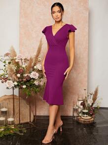 SHEIN Belle Solid Ruffle Trim Mermaid Hem Bridesmaid Dress Elegant Cocktail Semi Formal Prom Wedding Guest Dress, For Birthday, Graduation, Dinner, Homecoming Party Dress - Violet Purple - View 3
