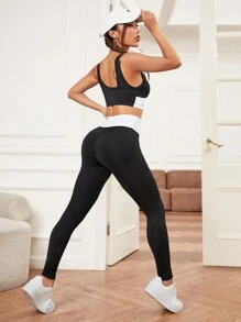 Easithlete 女士拼色運動套裝 - 黑與白 - 查看 2