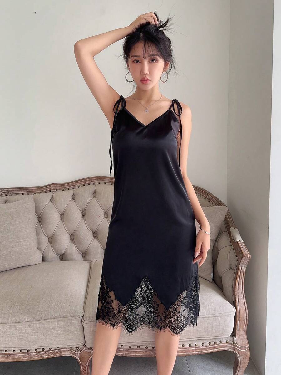 SHEINNeu Quý cô Ren Nối Dải mỏng Đầm - màu đen - Xem 1